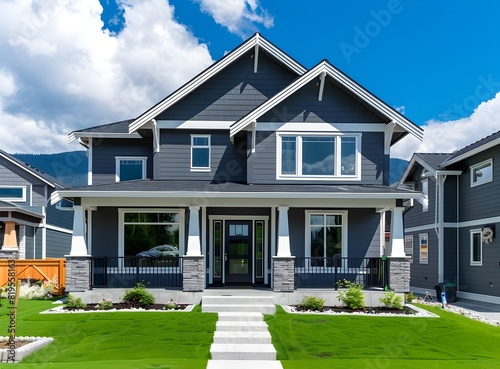 New modern beautiful home exterior in the mountains of British Columbia, Canada with blue sky