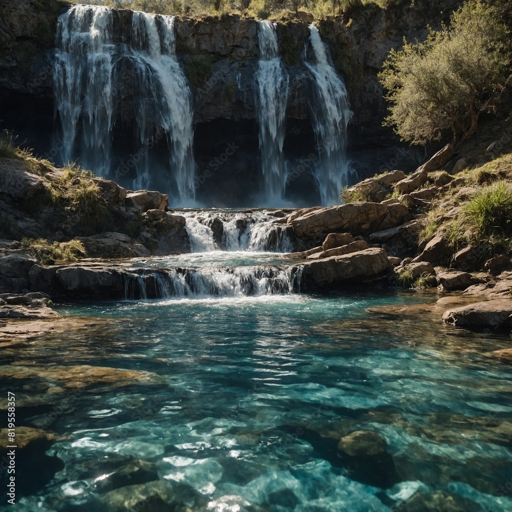 Naklejka premium A picnic at the edge of a sparkling waterfall cascading into a crystal-clear pool.