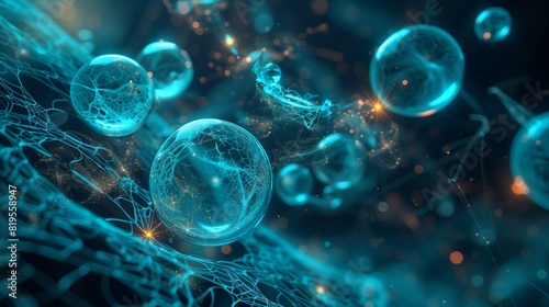 A composition of complex, interconnected glowing spheres, interwoven with intricate patterns of delicate particles in various shades of blue and aquamarine, painstakingly rendered in ultra HD. photo