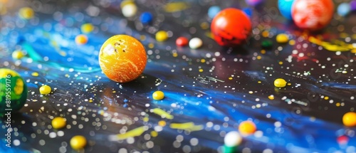Vibrant abstract painting with colorful spheres on a dynamic  textured background  representing a cosmic scene.