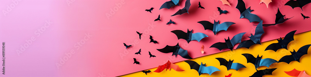 Scary black bats flying  above yellow aqua pink color block paper wallpaper background for Halloween shop banner modern bright concept creative party ad campaign fun spooky trick treat