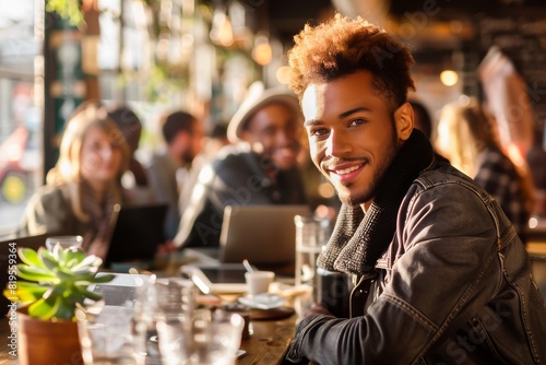 A smiling young man in a casual coffee shop setting  surrounded by friends  enjoying a relaxed and positive atmosphere.