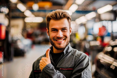 Smiling mechanic in a workshop giving a thumbs up. He is confident and professional  standing in an automotive repair environment.