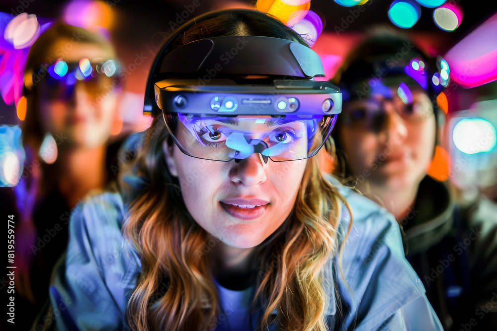 People wearing augmented reality headsets in a neon-lit environment, showcasing the excitement and innovation of future technology. People wearing augmented reality headsets in a neon-lit environment, showcasing the excitement and innovation of future technology.