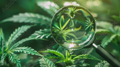 Cannabis leaf with a drop of oil forming a magnifying glass over a cell structure, indicating cellular level healing