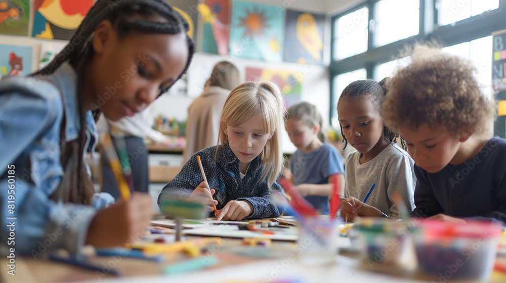 Fototapeta premium Amidst the lively atmosphere of a bustling classroom filled with art supplies, a group of children eagerly engages in an art project under the watchful eye of their teacher.