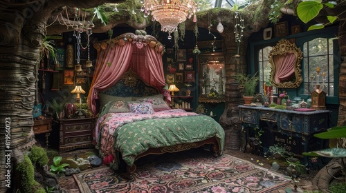A fairy bedroom in the woods, with pink and green bed sheets on an ornate canopy bed surrounded by mossy tree roots, a large mirror hanging above it, whimsical decor © Akhmad