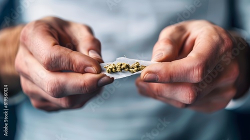 Close-up of hands rolling a medical cannabis joint, illustrating dosage and preparation photo