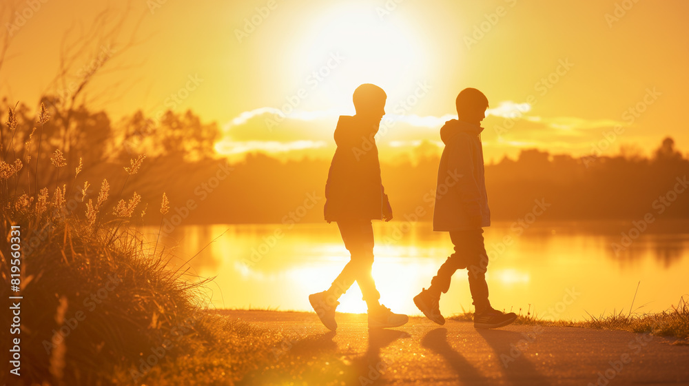Gains the backdrop of a golden sunrise, an autism boy walks alongside his dedicated tutor on their way to school, their steps synchronized in harmony portrays an inclusive lifestyle.