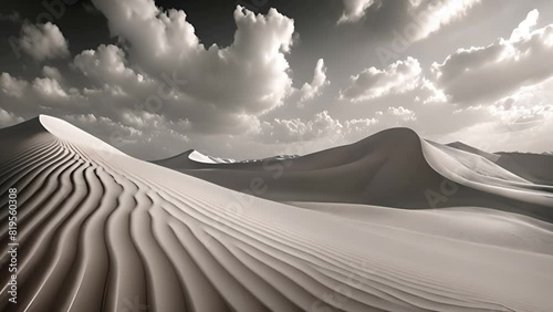 Black and white desert landscape with sand dunes under a cloudy sky.