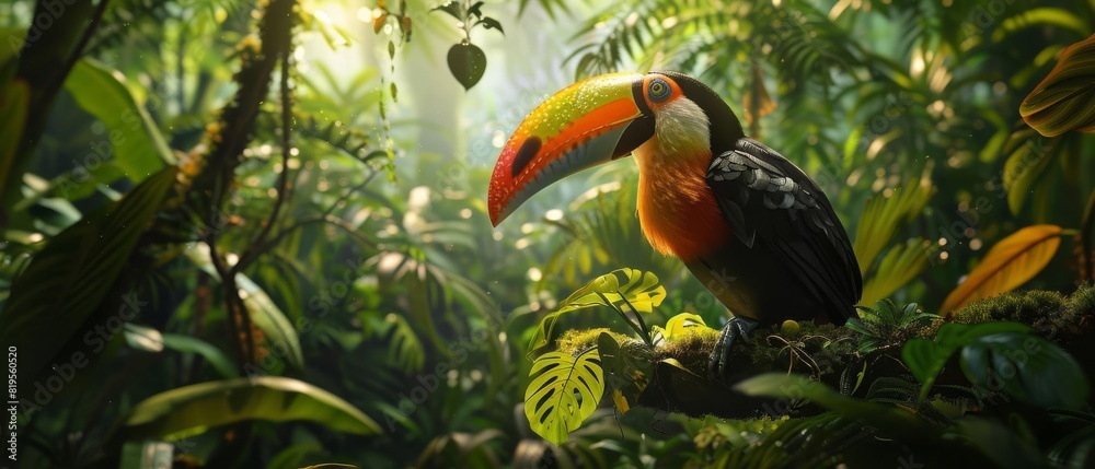Obraz premium Vibrant toucan perched on lush tropical foliage in a sunlit rainforest, showcasing its colorful beak and striking features in natural habitat.