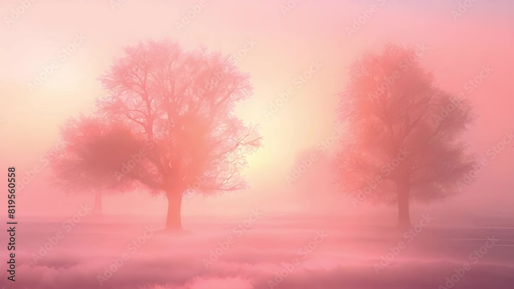Silhouetted trees in a misty field at sunrise with a pink and orange color palette. Silhouetted trees in a misty field at sunrise with a pink and orange color palette.