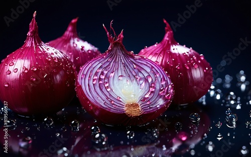 Fresh red onion with water droplets on dark background