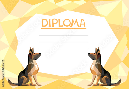 Dog pet care diploma or certificate vector template with cartoon zoo shop items for puppies. Award frame template with dogs. Certificate template. flat vector. Diploma of dog show. Best of the Breed