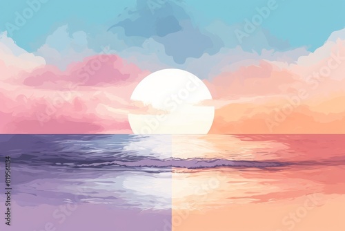 Digital illustration of a serene ocean sunset with vibrant colors and calm water.