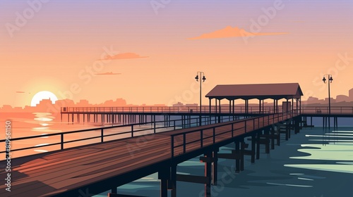 Digital illustration of a serene pier at sunset  showcasing a tranquil waterside view with warm hues and silhouette of structures.