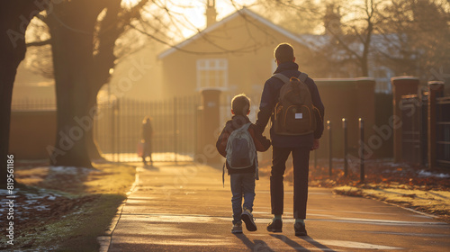 Bathed in the soft light of dawn, an autism child holds his tutor's hand as they walk to school together, their bond strengthened by mutual trust and understanding. 