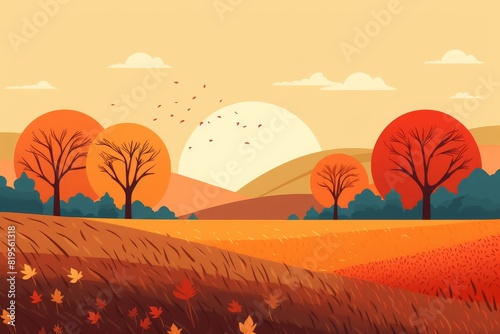 Illustrated autumn landscape with vibrant trees  falling leaves  rolling hills  and a beautiful sunset creating a warm seasonal vibe.