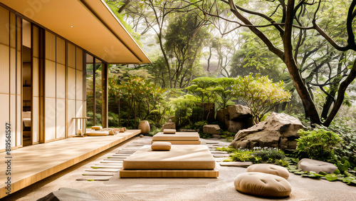 Beautiful zen garden with Japanese architecture showcasing a serene and tranquil outdoor space, perfect for relaxation and meditation.