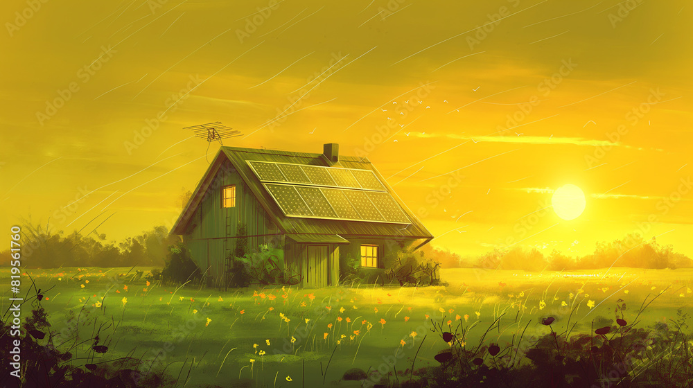 A serene countryside landscape, a green house powered by solar energy stands amidst lush green fields, its photovoltaic panels gleaming under the golden rays of the setting sun. A serene countryside landscape, a green house powered by solar energy stands amidst lush green fields, its photovoltaic panels gleaming under the golden rays of the setting sun.