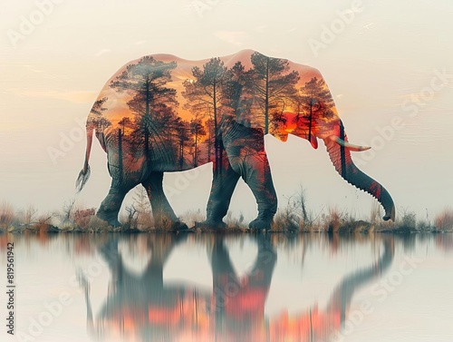 Artistic painting of a walking elephant with a reflection on the water surface.