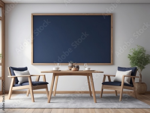 blank poster frame, dining room background, wooden chair