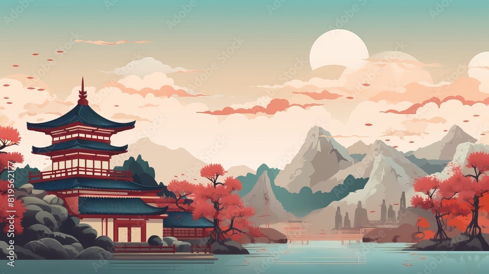 Serene Japanese landscape with traditional temple by a tranquil lake, surrounded by mountains and autumn foliage under a calm sky.