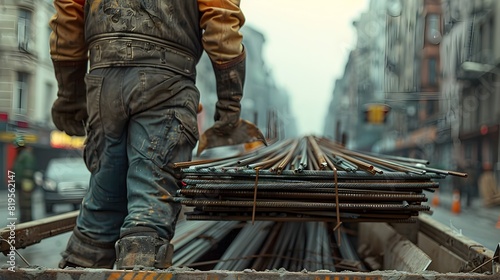 Burly Construction Worker Hoisting Steel Rods onto a Flatbed Truck during Early s Urban Development photo