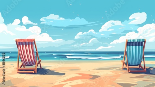 Relaxing beach scene with two empty deck chairs facing the serene ocean under a bright blue sky with fluffy clouds.