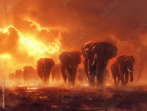 A herd of elephants running through the savanna
