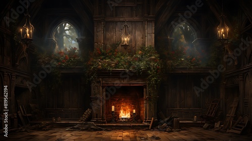rustic wooden podium, in a cozy cabin setting with a roaring fireplace, atmosphere of warmth and comfort