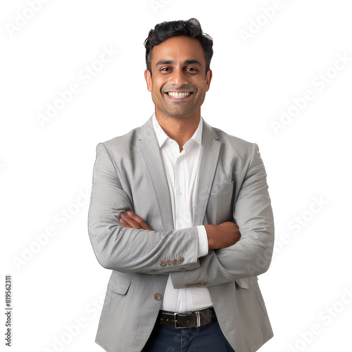 smiling indian man in shirt and pants crossed his arms png