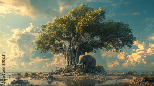 An elephant stands next to a large tree