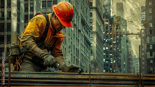 Skilled Construction Worker Precisely Maneuvering Steel Rods onto a Flatbed Truck against a Backdrop of Newly Framed Residential Highrises photo