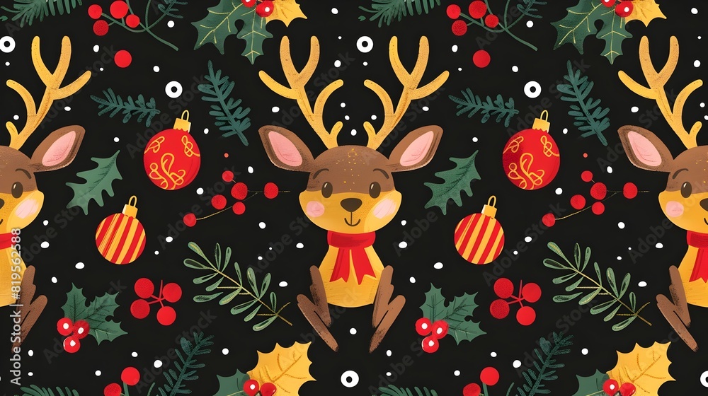 Cute and Festive Christmas Pattern with Deer,Ornaments and Foliage