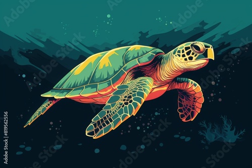 Vibrant illustration of a sea turtle swimming underwater with a colorful shell, against a dark ocean background.