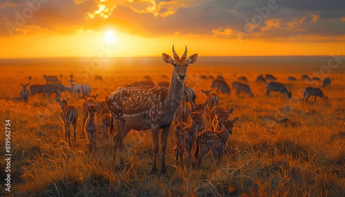 The sun sets over the African savanna, casting a golden glow on the grazing animals. photo