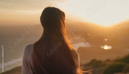 person standing in front of an wall, woman looking out the window, person on the roof of the house, illustration of back view of unrecognizable female with long brown hair standing near illuminated wa