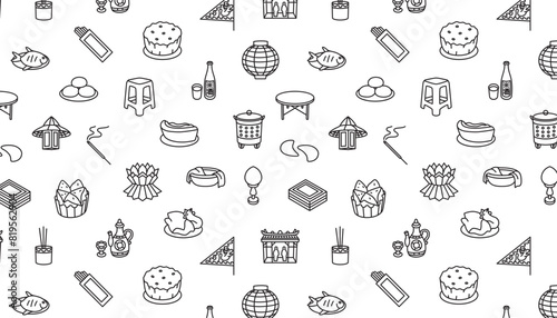 Seamless pattern of Ghost Festival elements in line style