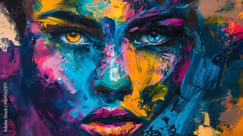 Craft a striking frontal view abstract portrait using vibrant acrylic colors on canvas  capturing raw emotions with bold  dynamic brushstrokes and layers of texture