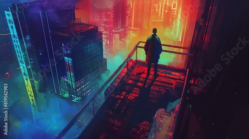 Create a high-angle view of a rogue AI companion in surrealistic art style Use a cosmic palette to depict a futuristic, otherworldly atmosphere photo