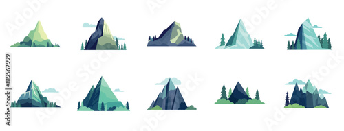 Cartoon mountain nature landscape vector set, mountains icon flat design illustration, mountain peak or hill top, ice berg and rocky mountain isolated