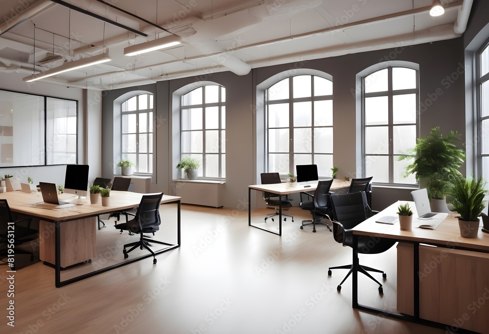 Perspective view on stylish workspace table with modern computers on glossy ceramic tiles floor in coworking office with light wall background and city view from big windows Mockup Frame. 3D rendering
