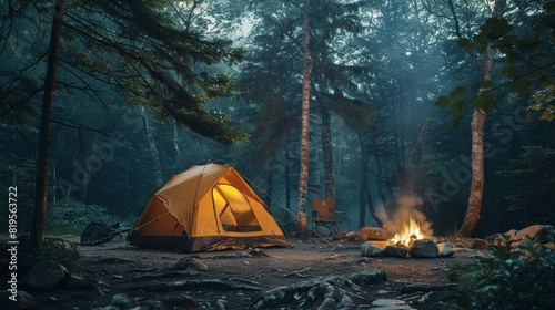 Illuminated tent and campfire in a forest at night creating a cozy camping scene