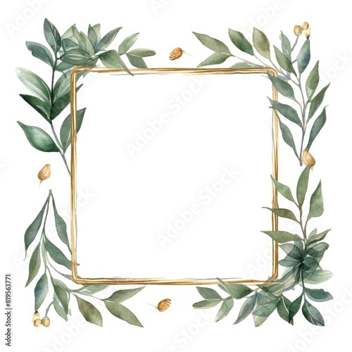 Watercolor foliage frame with green leaves and yellow buds on white background. Golden square picture frame decorated with green leaves. Natural botany concept for greeting card design. AIG35.