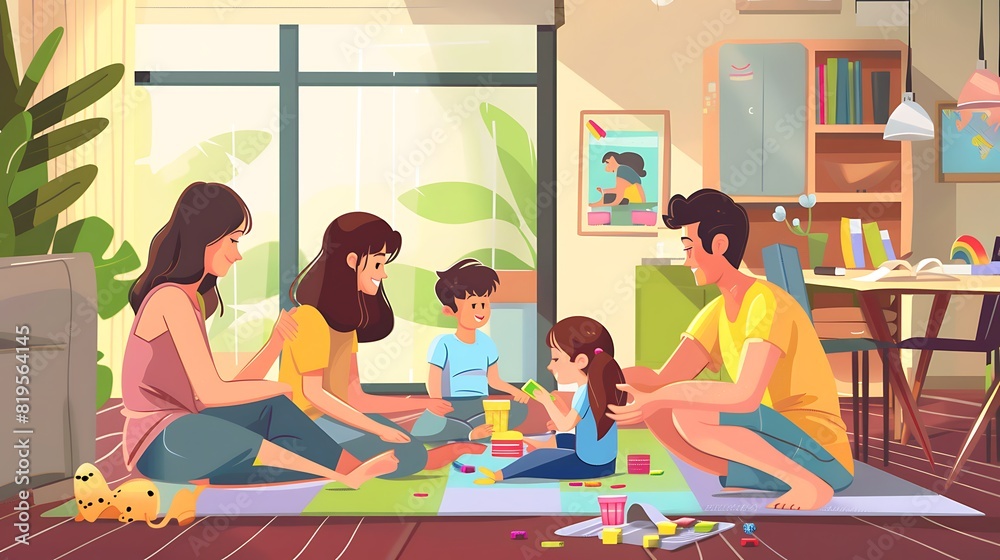 Family Fun Time: Parents and Kids Enjoying Games in Colorful Living Room Family Fun Time: Parents and Kids Enjoying Games in Colorful Living Room