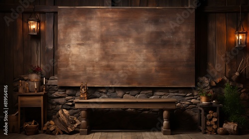 rustic wooden podium, in a cozy cabin setting with a roaring fireplace, atmosphere of warmth and comfort photo