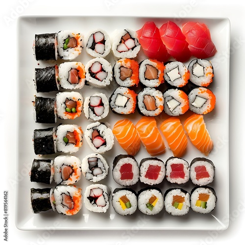 A plate full of assorted sushi rolls and maki, on a white surface.