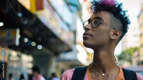 A transgender individual confidently expressing their identity in an urban setting. photo