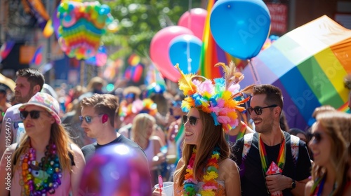 A vibrant Pride festival with colorful decorations and happy attendees.